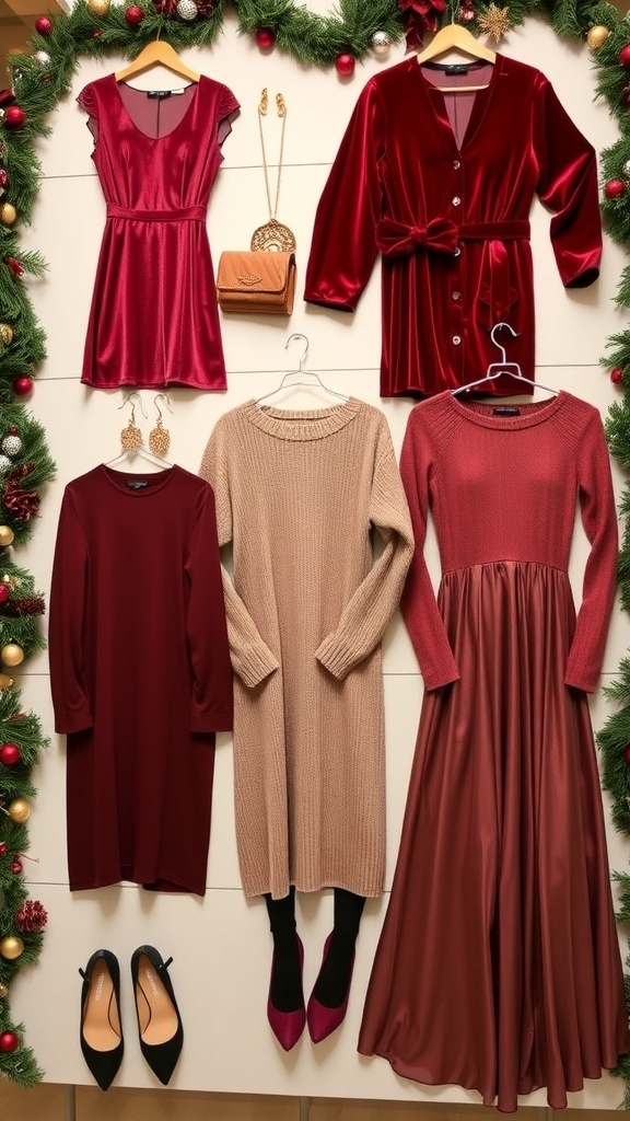 A collection of fashionable long sleeve outfits for Christmas parties, displayed with festive decorations.